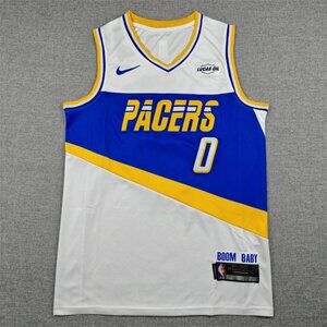 Pacers #0 Basketball Jersey – Blue White Yellow Retro Style Sports Jersey – Unis